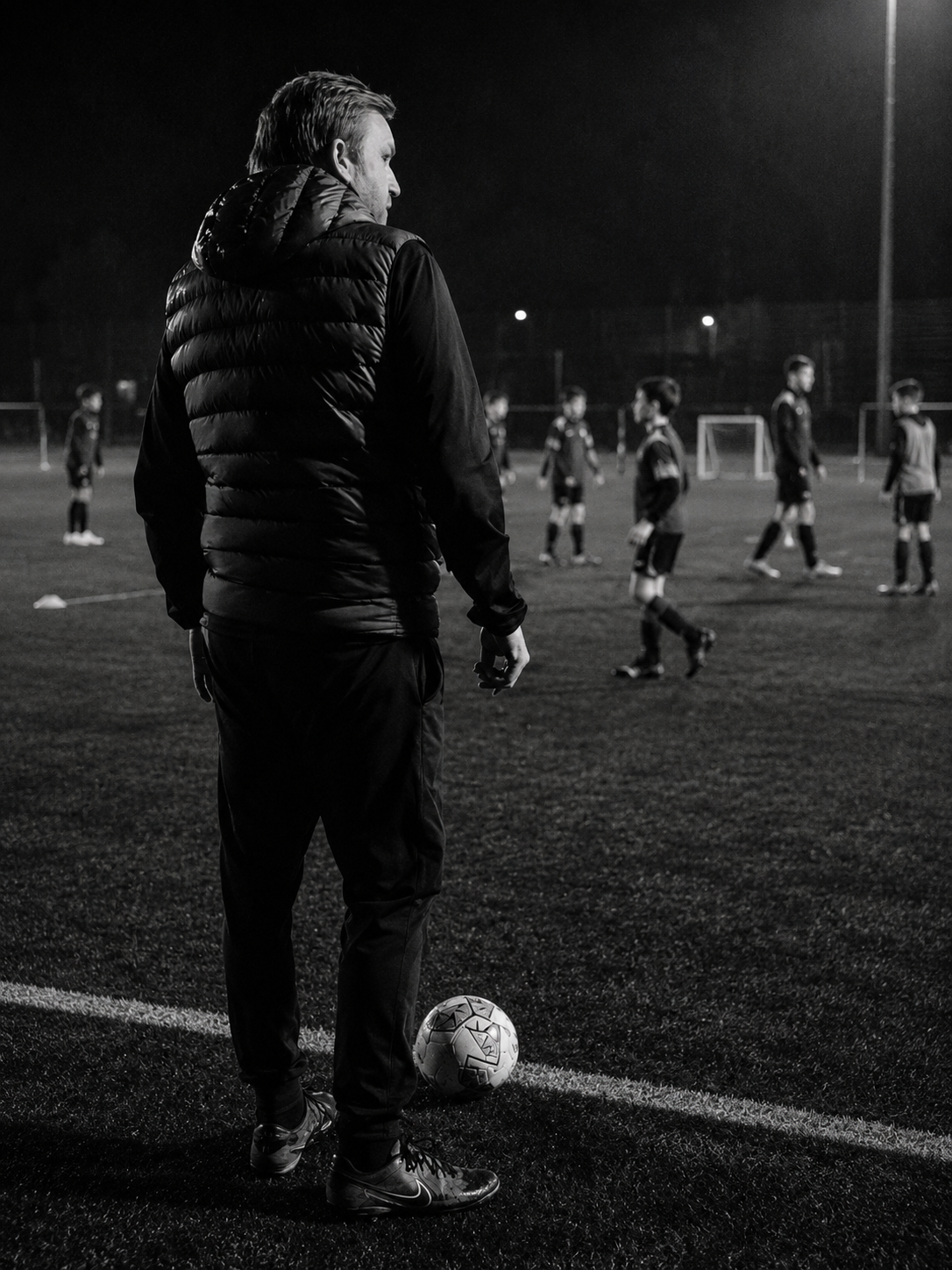 Chris Hibbert stood on the touchline under floodlights watching a junior football session.