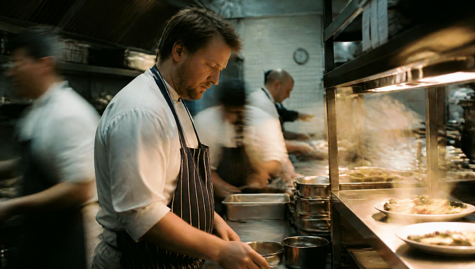 Chris Hibbert working at the pass in a busy professional kitchen.