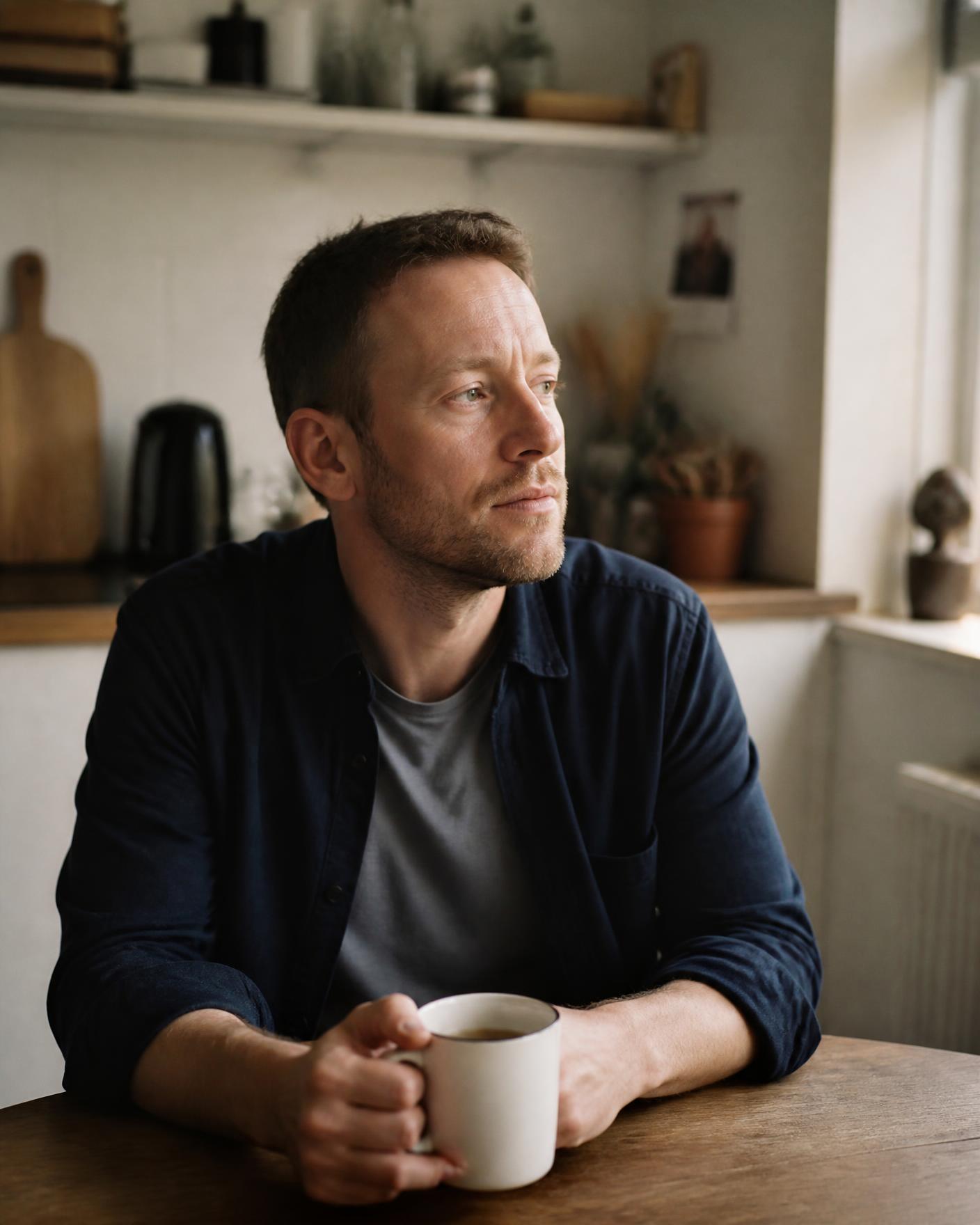 Chris Hibbert at a kitchen table with a mug of coffee, looking towards a window.